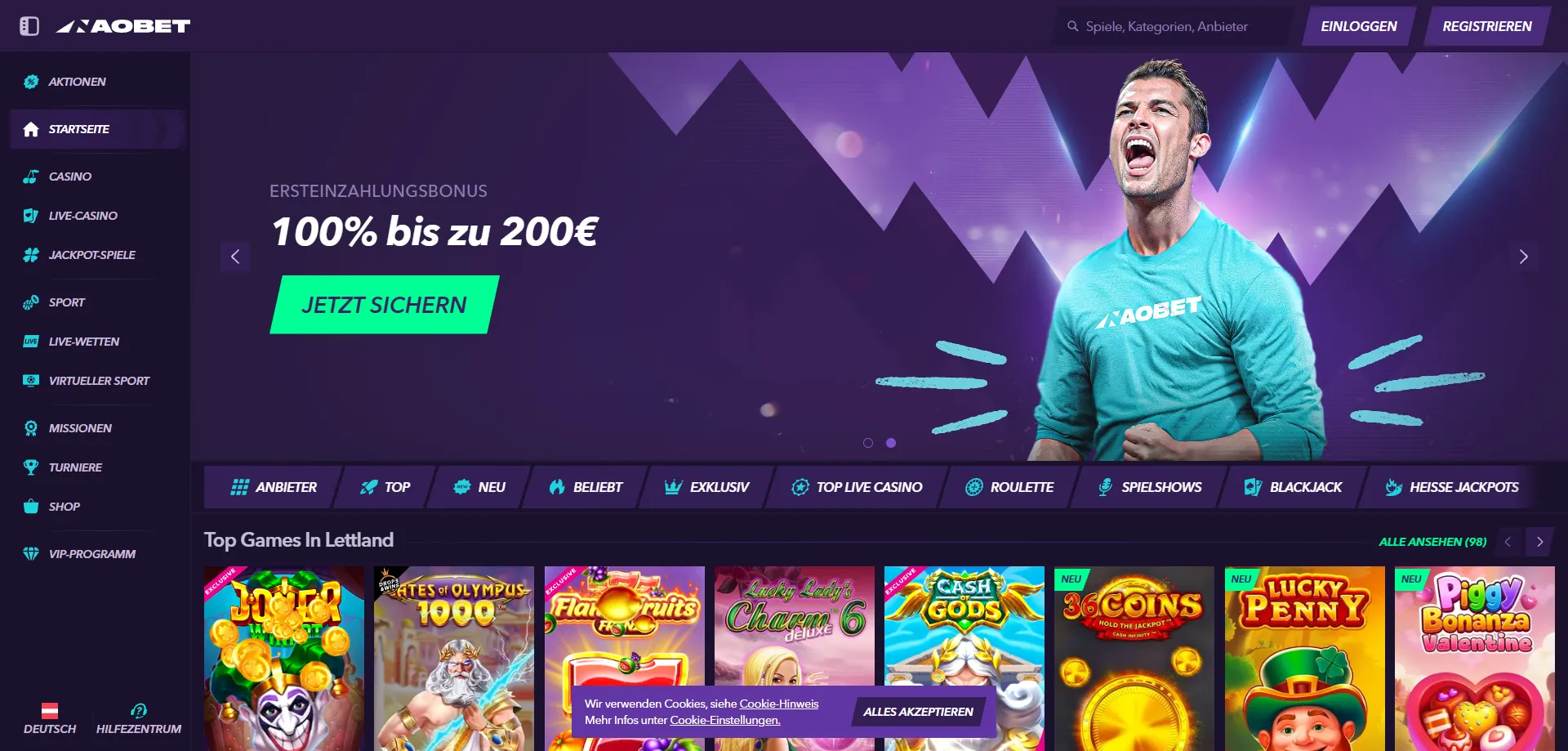 NaoBet Casino Startseite mit Spielkatalog und Navigation